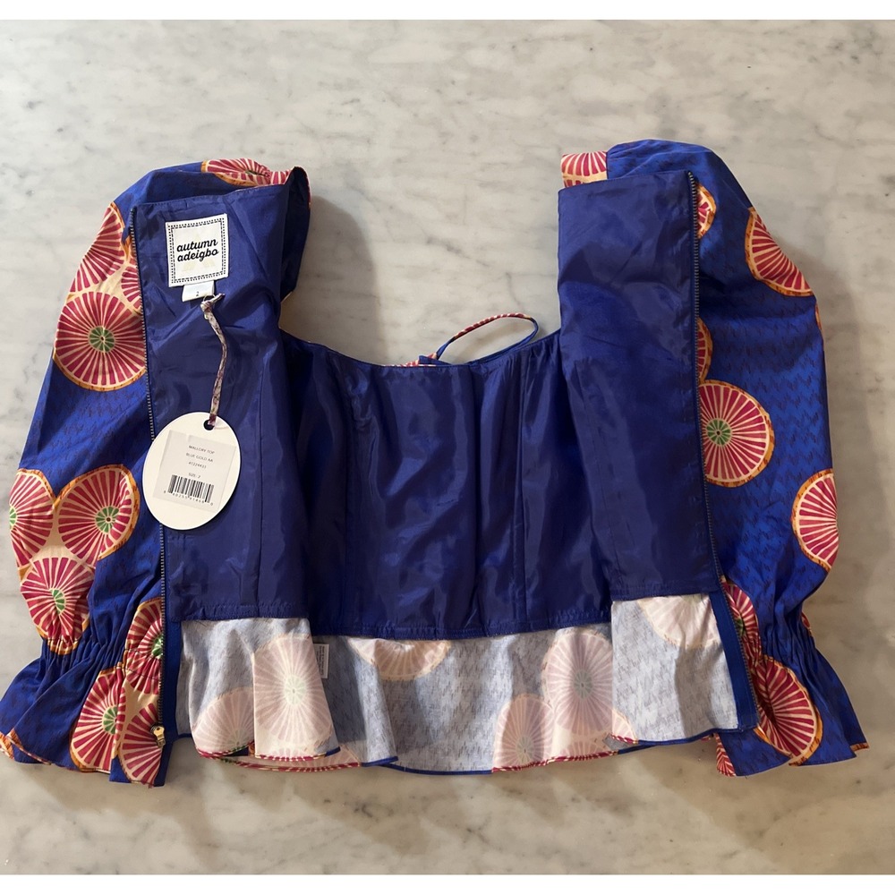 NWT Autumn Adeigbo Mallory Top Size 2 Blue Pink Puff Sleeve Lace Up Peplum - Picture 10 of 13